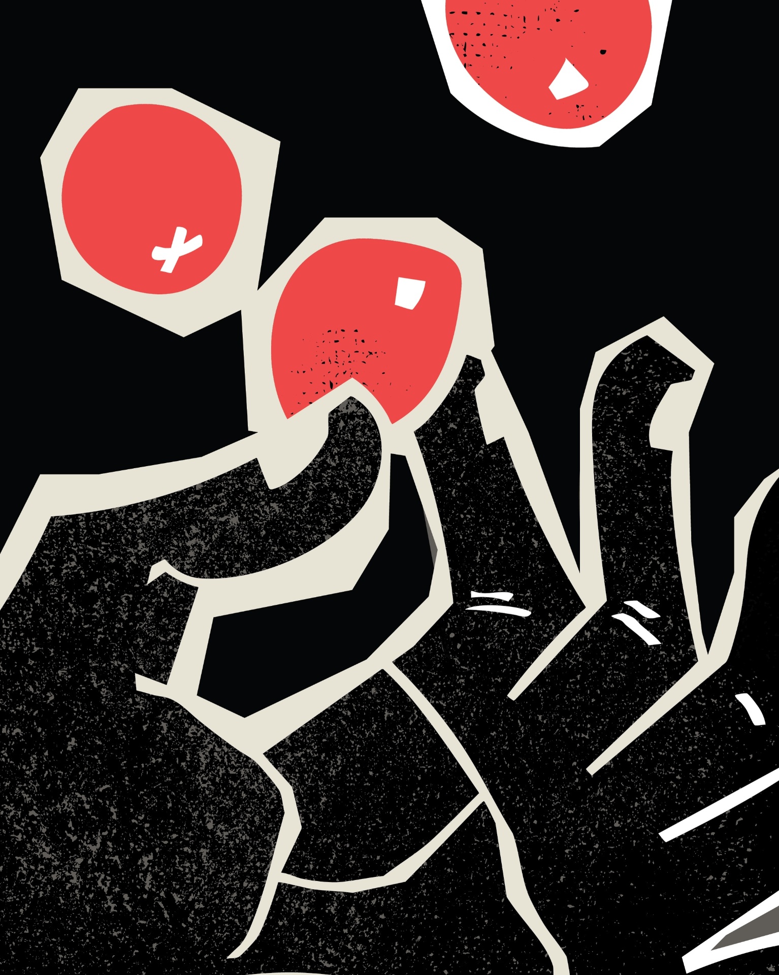 Abstract illustration of figures climbing toward red orbs